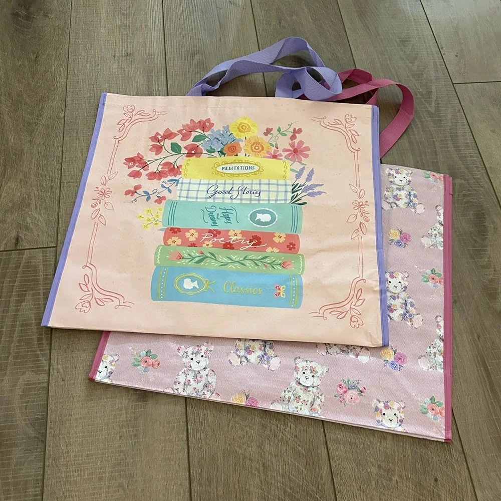 Homegoods TJMaxx Marshalls Floral Book & Floral Teddy Bear Print Tote Bags NWOT